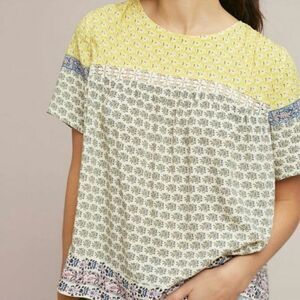 Anthropologie blue, tassel, Floral Patterned Yellow and Cream Women's Top small